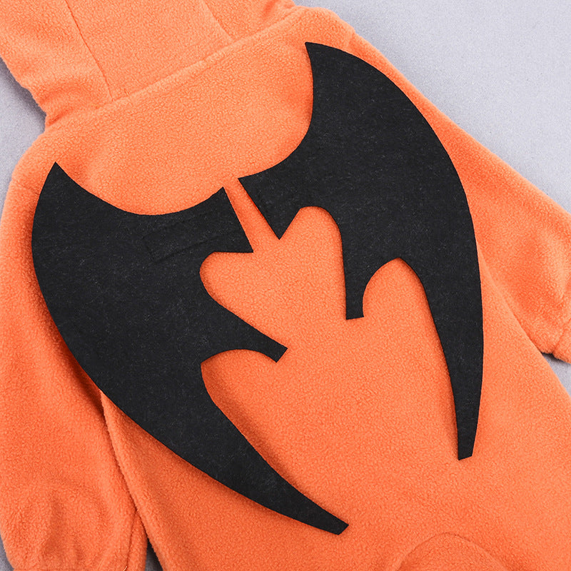 Front view of baby pumpkin hooded onesie, cozy autumn and winter Halloween outfit for newborns and infants.