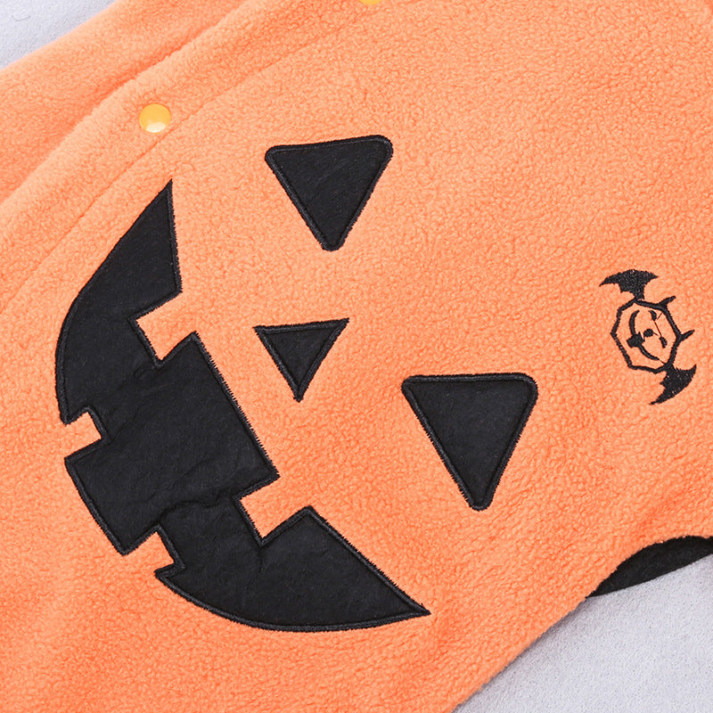 Orange pumpkin baby onesie with hood, festive Halloween outfit for newborns and infants.