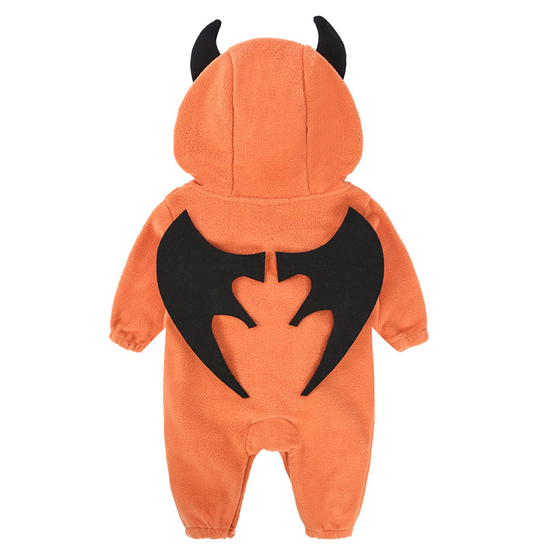 Infant Halloween outfit, pumpkin hooded onesie for autumn and winter wear.