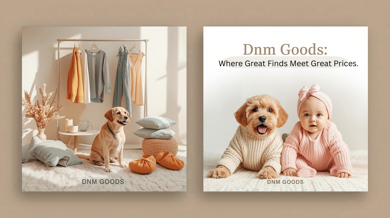 Two DNM Goods product images: a dog in a room and two children in a bedroom.
